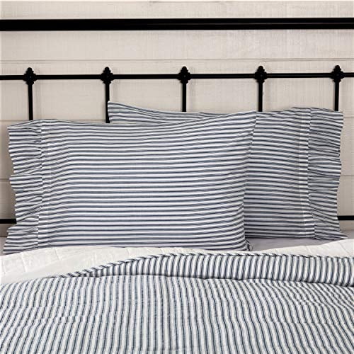 VHC Farmhouse Standard Pillow Case Set of 2 Ticking Stripe Bedding Blue Cotton